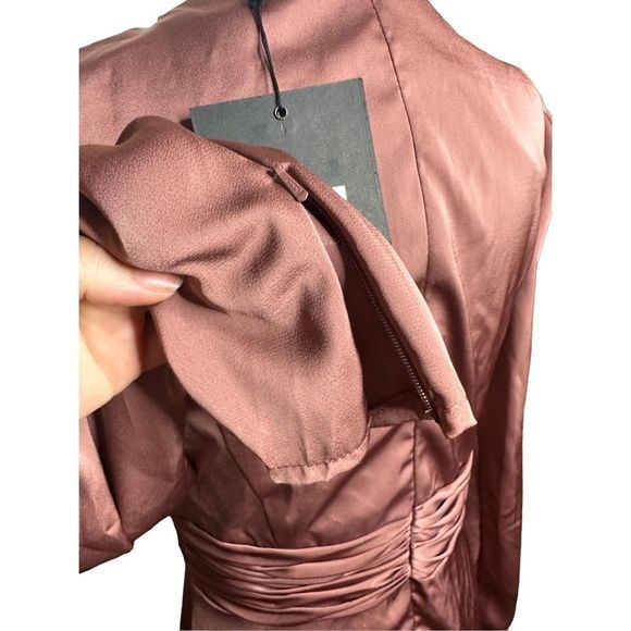 Mac Duggal Ieena High Neckline Mauve Long Sleeve Puff Shoulder Midi Dress 8 NWT - Picture 5 of 12